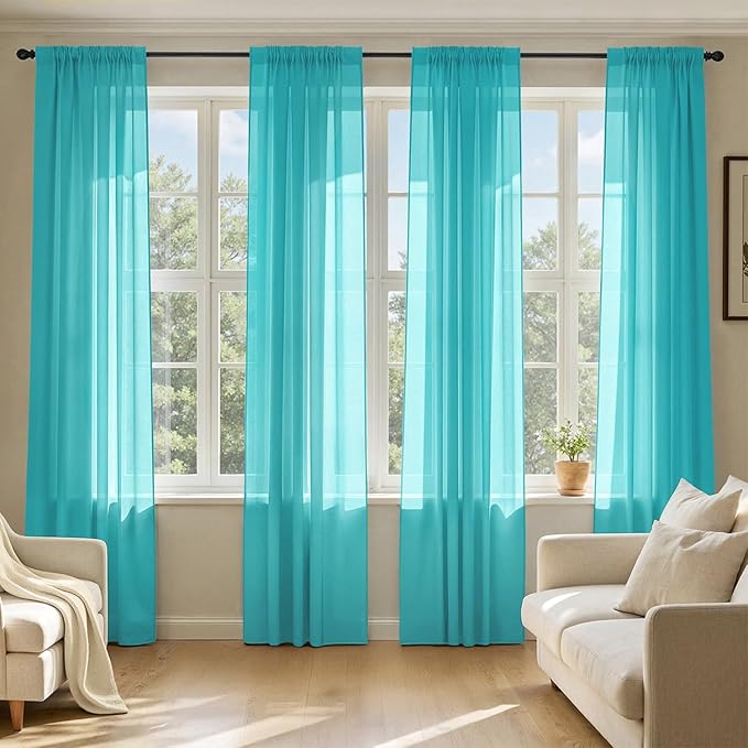 MIULEE Turquoise Sheer Curtains 96 Inches Long, 4 Panels Set, Light Filtering Rod Pocket Voile Drapes for Living Room and Bedroom, Airy Soft Fabric Window Treatments, 42 x 96 Inches