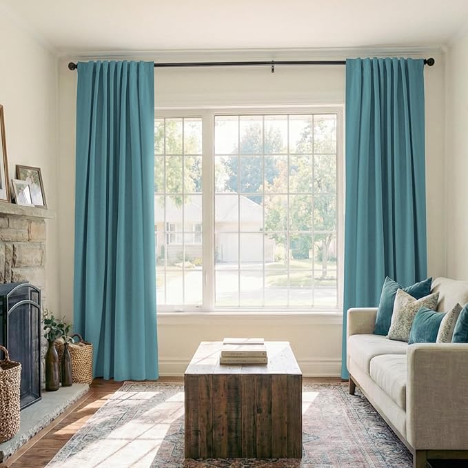 100% Blackout Shield Linen Blackout Curtains for Bedroom 90 Inches Long, Back Tab/Rod Pocket Living Room Drapes, Thermal Insulated Blackout Curtains 2 Panels Set, 50" W x 90" L, Dark Cyan