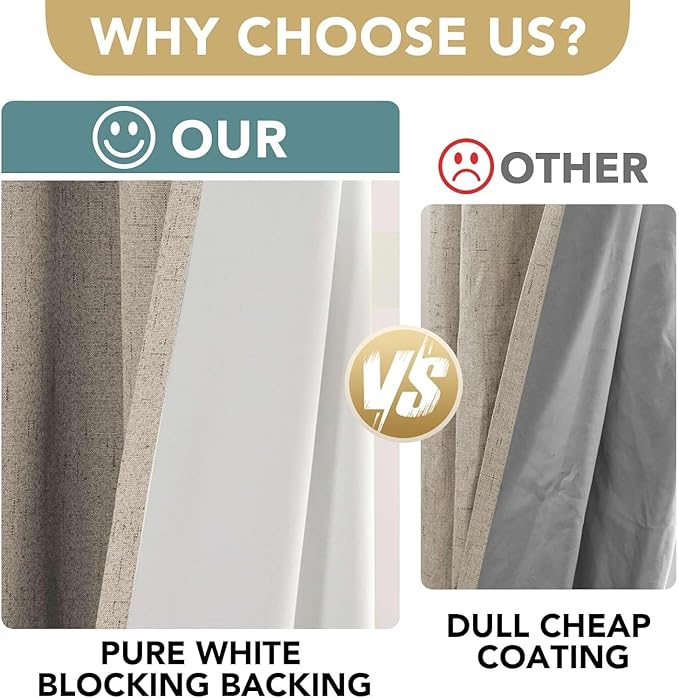 H.VERSAILTEX Linen Curtains 100% Blackout Curtains for Bedroom 90 inch Long Full Light Blocking Nature Linen Blended Window Curtains for Living Room Nickel Grommet (2 Panels, Cobblestone)