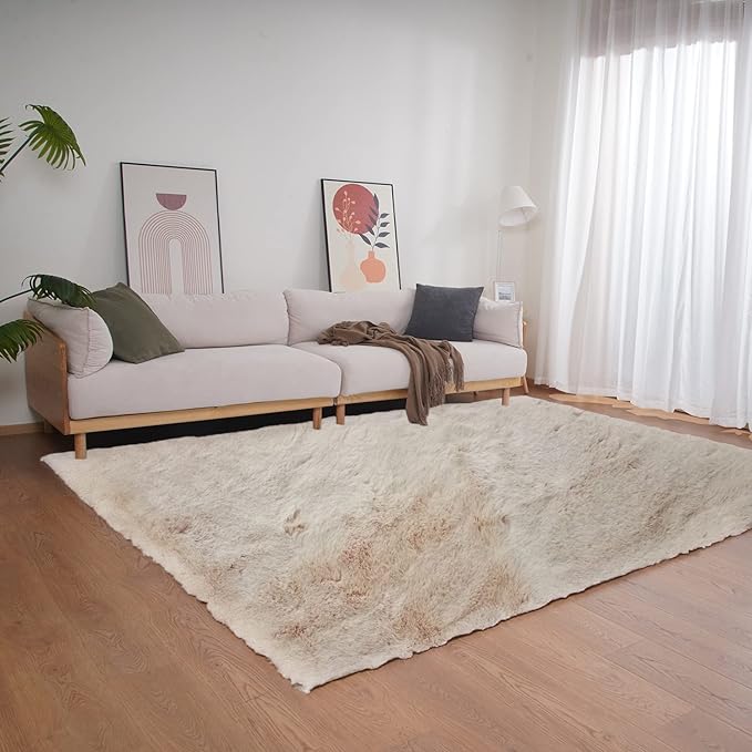 Ghouse Ultra Soft Faux Rabbit Fur Rug 5x8, Machine Washable Area Rugs for Bedroom Fluffy Rugs for Living Room, No-Shedding Carpet Sheepskin Rug Light Brown Beige