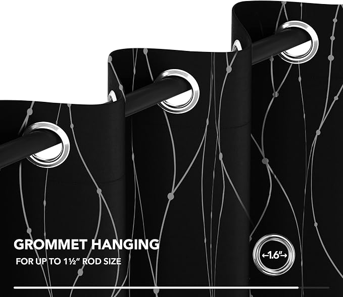 Deconovo Short Blackout Curtains, Black Drapes, Thermal Insulated Soundproof Grommet Curtain, Wave Line Dot Foil Print, 52 x 54 Inch, 2 Panels, Machine Washable Window Panel for Small Windows Kitchen