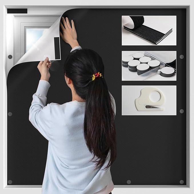 BKSAI 100% Blackout Window Cover, Portable Magnetic Black Out Curtains for Window, Black Out Shades No Drill Cuttable Blackout Blinds for Bedroom, RV, Nursery, Media Room, 79x57 inch
