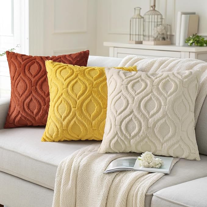 decorUhome Summer Throw Pillow Covers 18x18 Inch Set of 2, Soft Plush Faux Wool Mustard Yellow Solid Couch Pillow Covers, Accent Farmhouse Neutral Square Pillow Cases for Sofa Bed Living Room