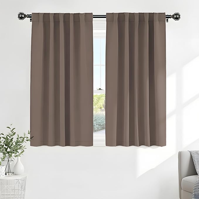 PONY DANCE Blackout Curtains Set - Short Window Curtain Draperies Thermal Insulated Home Decoration Energy Saving Back Tab/Rod Pocket Panels for Bedroom, 42-inch by 45-inch, Mocha, 2 PCs