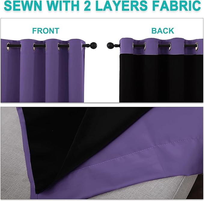 NICETOWN 100% Blackout Short Curtains with Black Liners, 2 Panels, 37" W by 60" L, Lilac Purple, Thermal Insulated Full Blackout 2-Layer Lined Drapes, Energy Efficiency Window Draperies for Bedroom