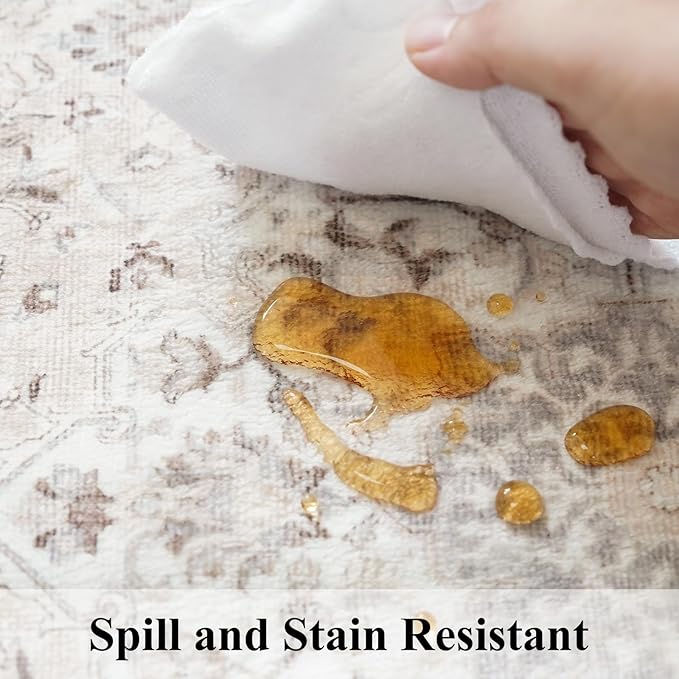 5x7 Living Room Area Rugs: Washable Non-Slip Stain Resistant Rug for Bedroom Dining Room Vintage Ultra Soft Indoor Carpet for Nursery Kitchen Farmhouse Thin Floor Mat for Home Office (5x7 Beige)