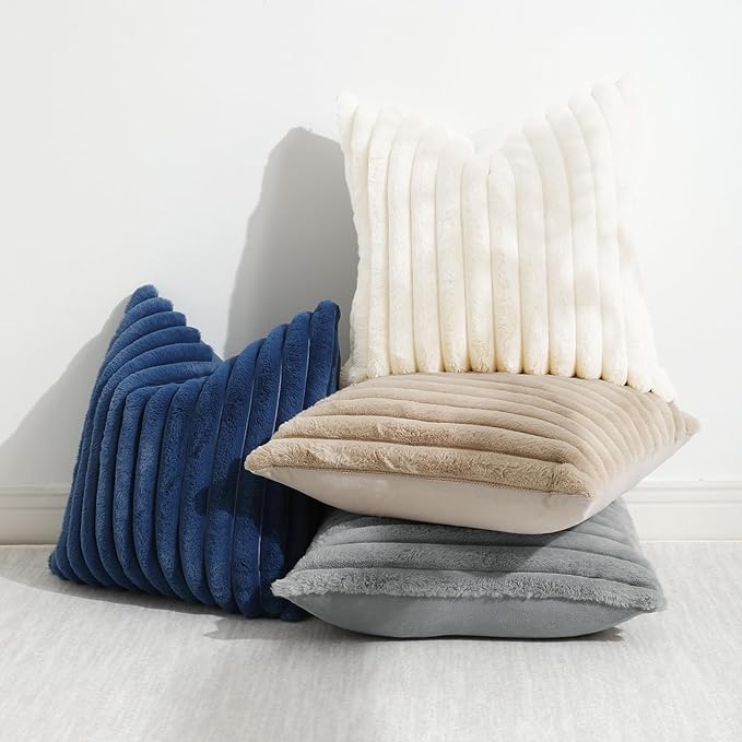 decorUhome Cozy Faux Fur Throw Pillow Covers 20x20 Set of 2 Decorative Soft Plush Striped Modern Farmhouse Boho Couch Pillow Cases with Velvet Back for Sofa Bed Living Room, Blue