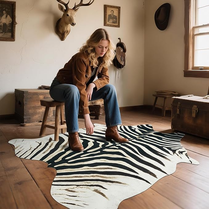 AROGAN Western Faux Fur Zebra Rug, 4.6 x 5.2 Feet Premium Animal Skin Print Rug, Sturdy Faux Zebra Hide Rugs for Wall Decor, Western Floor Carpet for Bedroom Living Room, Black and White