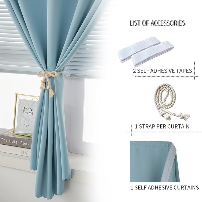 Self Adhesive Curtains, Portable Blackout Curtains Fabric Curtains for Living Room No Drilling, 47" W X 84" L, Lake Blue, 1 Panel