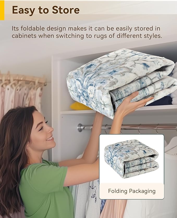 Area Rugs 10'x14' Washable Non-Slip, Floral Vintage Distress Print Pattern Medallion Carpet for Living Room Bedroom Dining Room, Light Blue Navy Beige Gray White