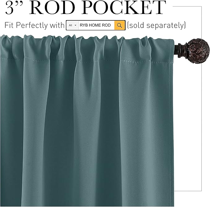 RYB HOME Blackout Curtains for Bedroom, Privecy Thermal Insulating Energy Saving Window Curtains for Bathroom Kitchen Kids Nursery, Wide 42 x Long 45, Teal Blue, 2 Panels