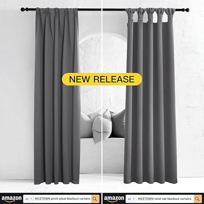 NICETOWN 95 inch Blackout Curtains - Triple Weave Energy Saving Thermal Insulated Solid Grommet Blackout Draperies for Living Room/Bedroom (1 Pair, W52 x L95, Grey)