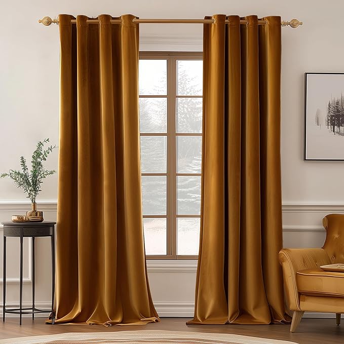 MIULEE Velvet Curtains Golden Brown Elegant Grommet Curtains Thermal Insulated Soundproof Room Darkening Blackout Drapes for Nursery Living Room Bedroom Decor 52 x 84 Inch Long Set of 2