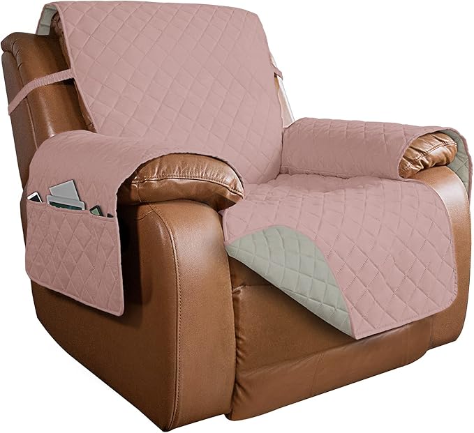 PureFit Reversible Quilted Sofa Cover, Water Resistant Slipcover Furniture Protector, Washable Couch Cover with Non Slip and Elastic Straps for Kids, Dogs, Pets (Oversized Recliner, Pink/Beige)