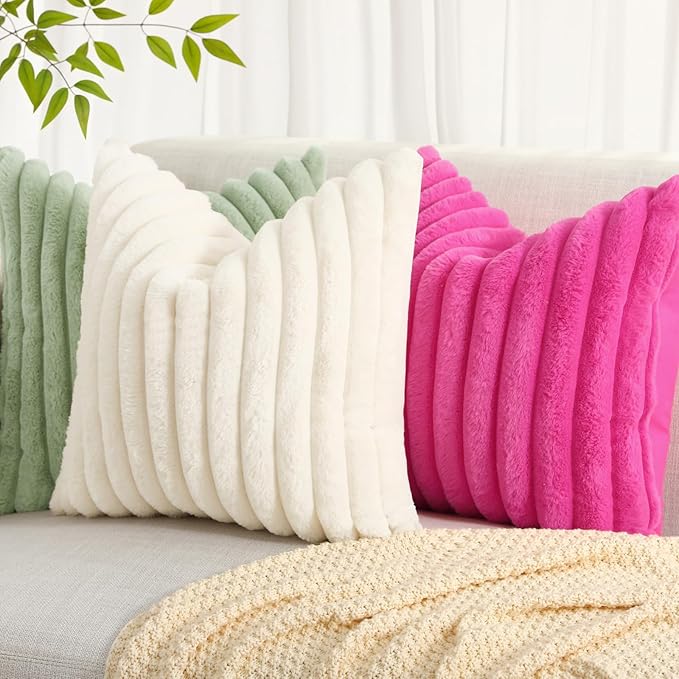 decorUhome Summer Cozy Faux Fur Throw Pillow Covers 26x26 Set of 2 Decorative Soft Plush Striped Modern Farmhouse Boho Couch Euro Sham Pillow Cases with Velvet Back for Sofa Bed Living Room, Hot Pink