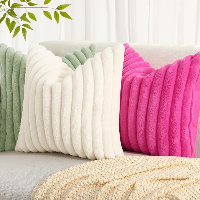 decorUhome Summer Cozy Faux Fur Throw Pillow Covers 20x20 Set of 2 Decorative Soft Plush Striped Modern Farmhouse Boho Couch Pillow Cases with Velvet Back for Sofa Bed Living Room, Sage Green