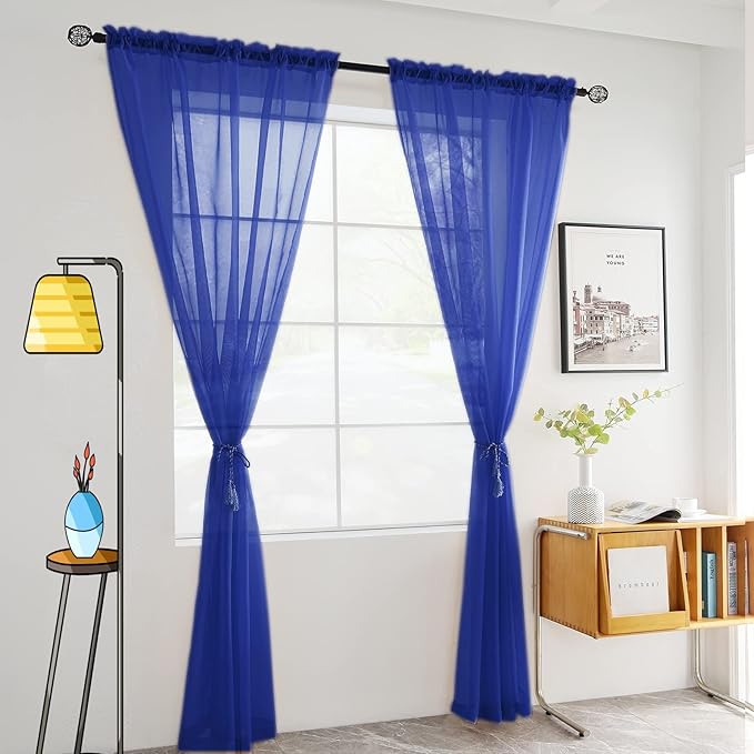 SpaceDresser Sheer Voile Window Treatment Rod Pocket Curtain Panels for Kitchen Bedroom Living Room Drapes Sunlight Filtering Privacy Semi Home Decor Assorted Colors Sizes (Sapphire, 52 W x 63 L)