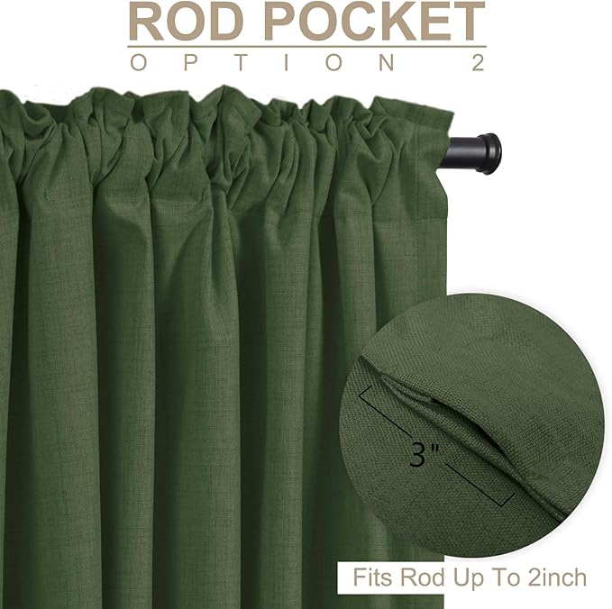 100% Blackout Shield Linen Blackout Curtains for Bedroom 96 Inches Long, Back Tab/Rod Pocket Living Room Drapes, Thermal Insulated Blackout Curtains 2 Panels Set, 50" W x 96" L, Moss Green