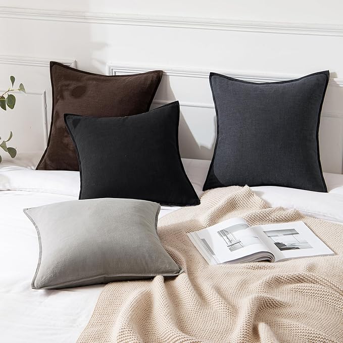 MIULEE Decorative Linen Euro Sham Pillow Covers 22x22 Inch Black Boho Farmhouse Neutral Couch Throw Pillows for Halloween Bed Pack of 2 Accent Modern Pillowcase Sofa Livingroom Home Decor