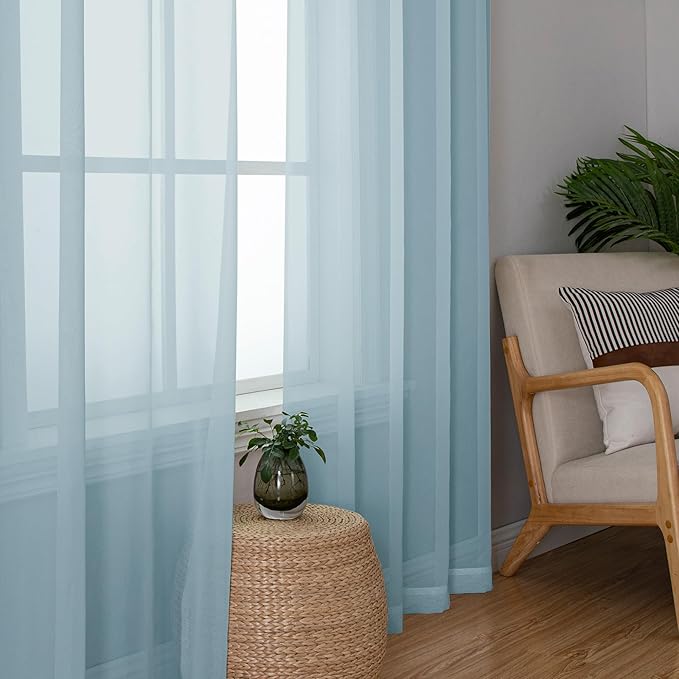 Chyhomenyc Sky Blue Sheer Curtains 45 Inch Long 2 Panels, Light Filtering Rod Pocket Voile Short Curtains Drapes for Living Room Bedroom Small Windows, 42Wx45L Inches