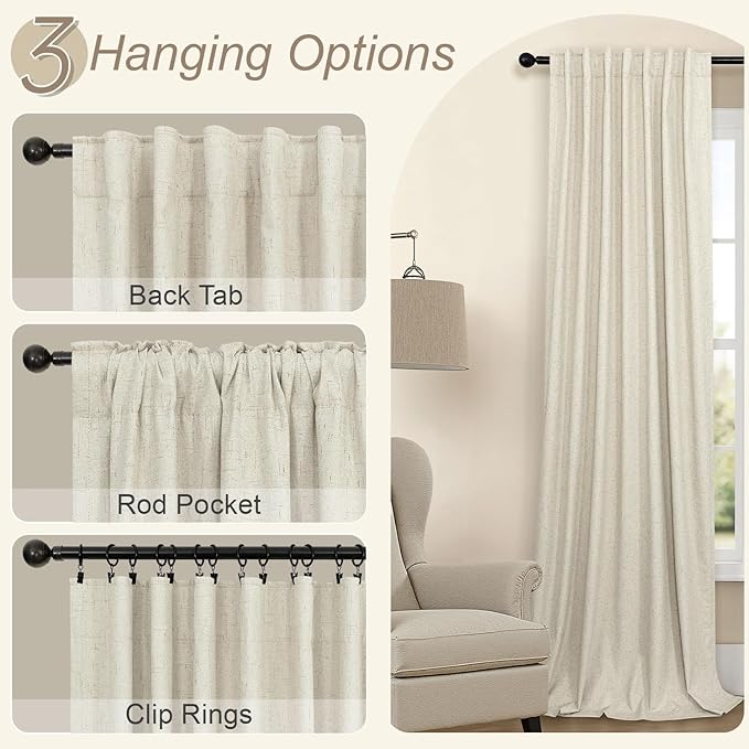 Linen Textured Boho 100% Blackout Small Window Curtains 45 inch Length 2 Panels Country Curtain for Kitchen Door Bathroom Bedroom Living Room Darkening Short Cafe Drape Back Tab Rustic Farmhouse Beige