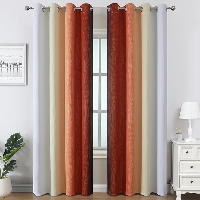 Estelar Textiler Burnt Orange & Greyish White Ombre Blackout Curtains 96 Inch Length 2 Panels, Light Blocking Thermal Insulated Room Darkening Window Drapes for Bedroom/Living Room, 52x96 Inch
