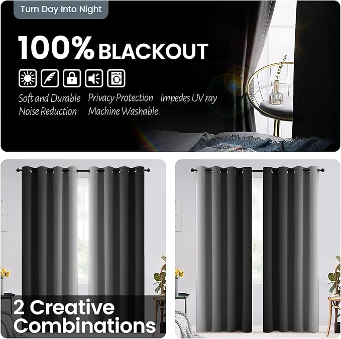 SimpleHome Blackout Curtains Ombre for Living Room,Room Darkening Black Curtains Set of 2 Panels Thermal Insulated Bedroom Curtains,52 x 84 Inch