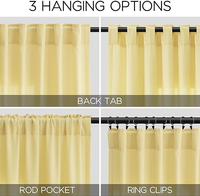 Nanspring Yellow Linen Curtains 80 Inches Long for Bedroom Back Tab Light Filtering Privacy Sheer Yellow Curtain Modern Farmhouse Coastal Decor Cotton Textured Gauze Drapes 2 Panel Set 52x80