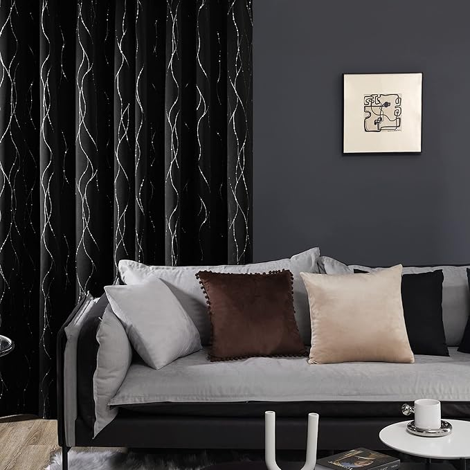 Deconovo Black Out Curtains for Kitchen, 42 x 45 Inch Length 2 Panels Set, Thermal Insulated Soundproof Window Drapes with Silver Print, Grommet Top, Machine Washable Panels for Small Winodw Nursery