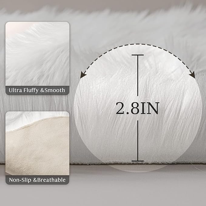Ashler Faux Fur Rug - Fluffy Shaggy Area Rug, Ultra Soft 2.2 x 4 Feet Rectangle, White Fuzzy Machine Washable Shag, Nursery Decor Throw for Bedroom, Kids Room, Living Room