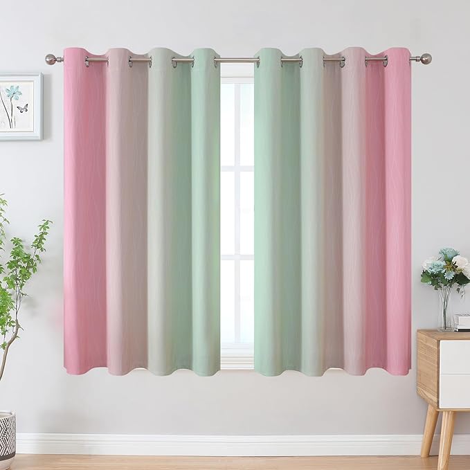 Estelar Textiler Sage and Pink Blackout Curtains 54 Inch Length, Light Blocking Gradient Grommet Drapes for Living Room, Thermal Insulated Ombre Curtains for Bathroom,52Wx54L,2 Panels