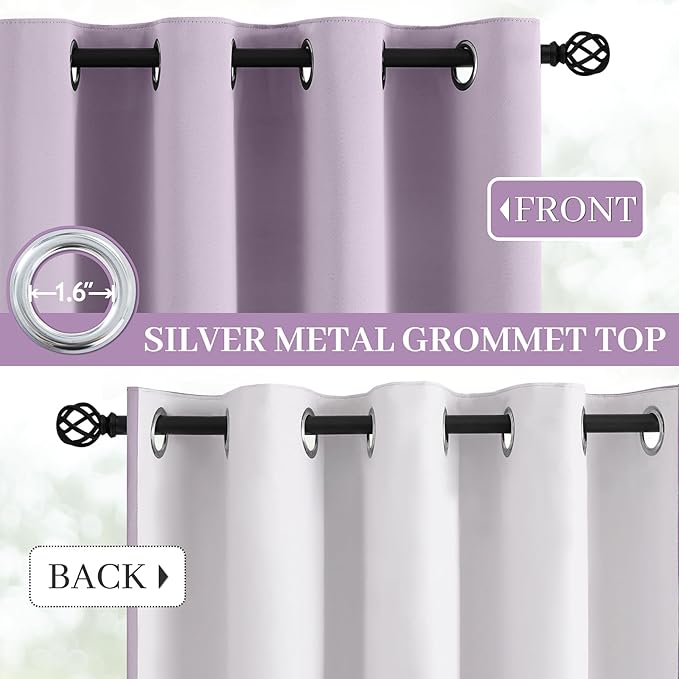 Yakamok Lilac 100% Blackout Curtains 96 Inches Long with 2 Thick Layers-Light Purple Room Darkening Thermal Insulated Window Curtain Set of 2 Panels for Bedroom Living Room 52x96 Inches,Lavender