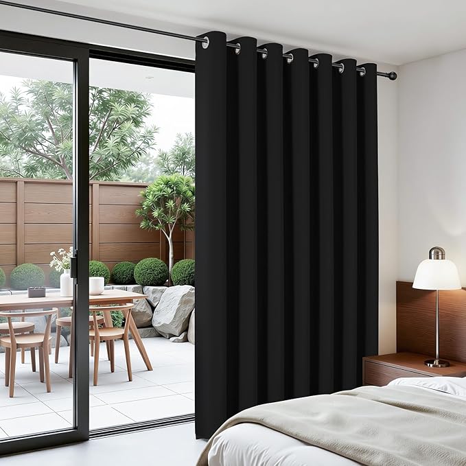 Joydeco Blackout Patio Sliding Door Curtains 96 Inches Long, Grommet Privacy Room Divider Curtains, Extra Wide Thermal Blackout Drapes for Bedroom Living Room (Black, 80Wx96L, 1 Panel)