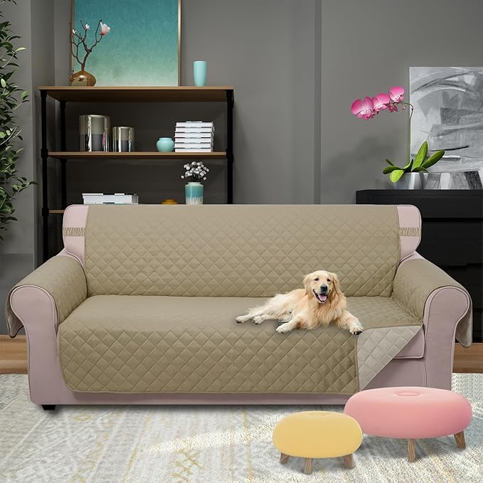 U-NICE HOME Reversible Sofa Cover Couch Cover for Dogs with Elastic Straps Water Resistant Furniture Protector for Pets Couch Cover for 3 Cushion Couch (Sofa, Light Camel/Beige)