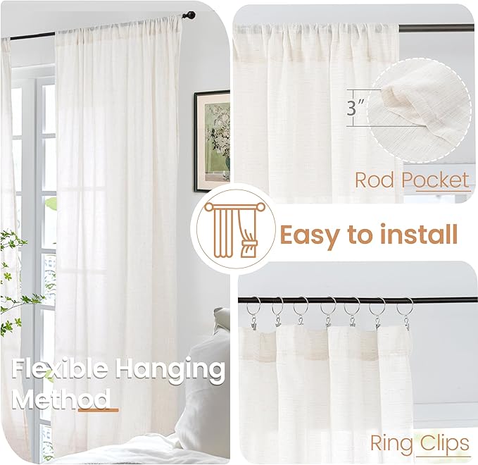 BGment Short Linen Curtains 45 Inch Length for Cafe Kitchen Windows - Rod Pocket Light Filtering Semi Sheer Drapes Textured Bedroom Decorative Lightweight Natural Rustic, 2 Panels Set, 30 X 45 Inch