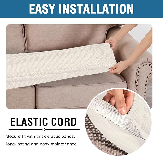 H.VERSAILTEX Super Stretch Individual Seat Cushion Covers - Sofa Couch Cushion Slipcover Sets - Thick Jacquard Textured Twill Fabric - Large (2 Piece, Porcelain White)