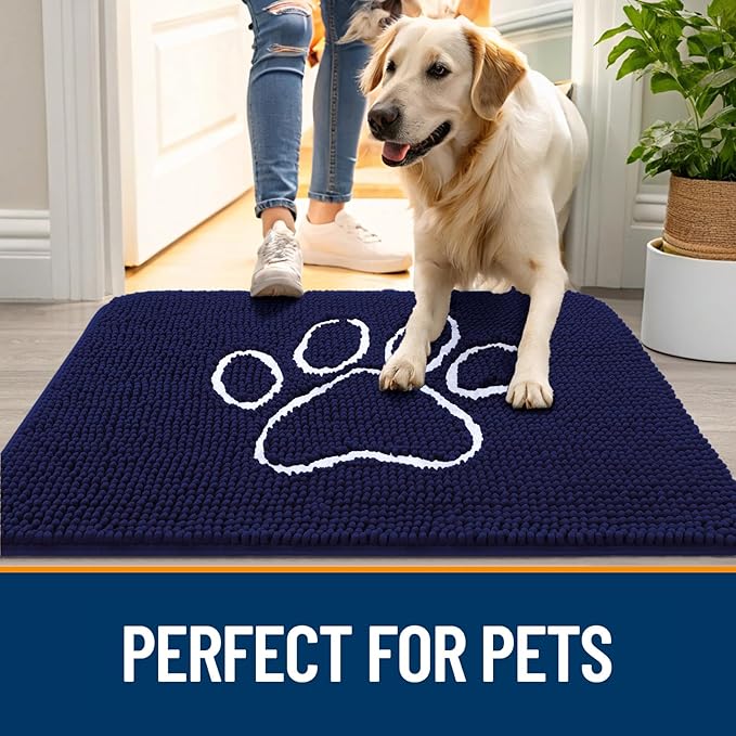 OLANLY Dog Door Mat for Muddy Paws 40x32, Paw Print Design, Absorbs Moisture and Dirt, Absorbent Non-Slip Washable Doormat, Quick Dry Chenille Mud Mat for Dogs, Entry Indoor Entryway Carpet, Navy Blue