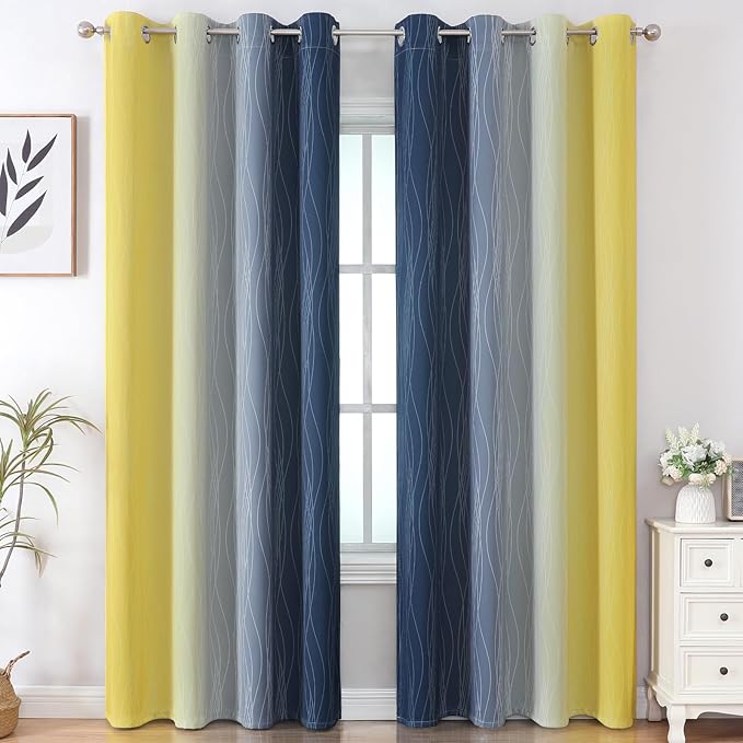 Estelar Textiler Navy Blue and Yellow Gradient Blackout Curtains for Bedroom, Thermal Insulated Ombre Blackout Drapes, Full Light Blocking Energy Saving Curtains for Living Room,52Wx96L,2 Panels