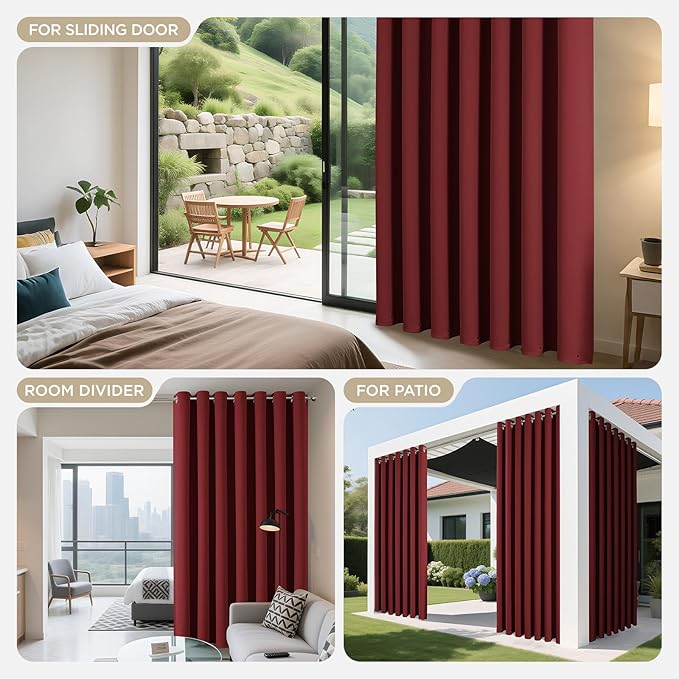 Joydeco Blackout Patio Sliding Door Curtains 90 Inches Long, Grommet Privacy Room Divider Curtains, Extra Wide Thermal Blackout Drapes for Bedroom Living Room (Burgundy Red, 80Wx90L, 1 Panel)