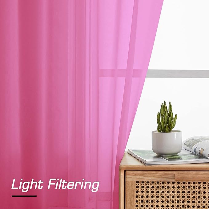 Simplebrand Hot Pink Sheer Curtains 96 Inches Long, Light Filtering Rod Pocket Solid Color Window Sheer Curtain Panels, Elegant Curtains & Drapes for Living Room, Bedroom 2 Panels 42" W x 96" L