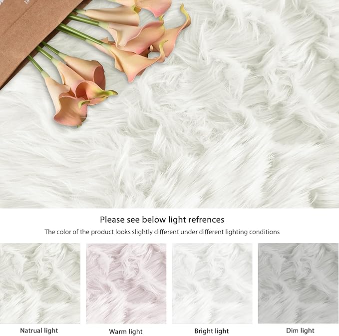 ORINOVA White Fluffy Washable Shag Area Rugs for Bedroom Faux Sheepskin Fur Rug 4x6 Furry Nursery Rug Teen Room Home Décor
