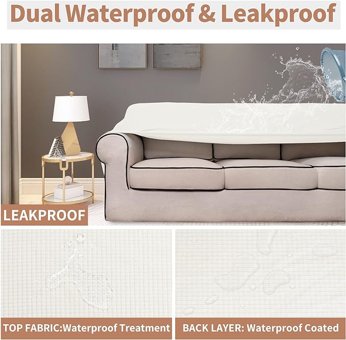 Easy-Going 100% Waterproof Loveseat Couch Cover, Dual Waterproof Sofa Cover, Stretch Jacquard Sofa Slipcover, Leakproof Furniture Protector for Kids, Pets, Dog and Cat (Loveseat, Cream)