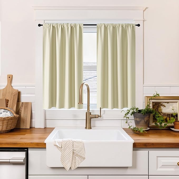 RYB HOME 100% Blackout Short Curtains for Small Window, Thermal Insulated Total Room Darkening Noise Reducing Curtains for Basement Bathroom RV Cars, 29 inches Wide by 36 inches Long, Beige