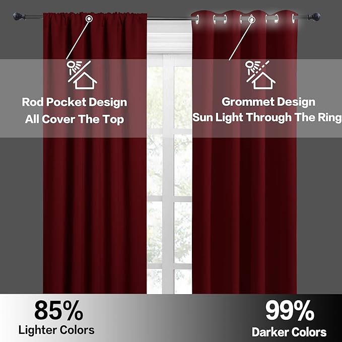 RYB HOME Extra Wide Blackout Curtains for Bedroom Living Room 63 inches Long, Thermal Insulated Privacy Drapes for Nursery Home Theater Dining Room, Width 62 by Length 63, Burgundy Red, 2 Panels