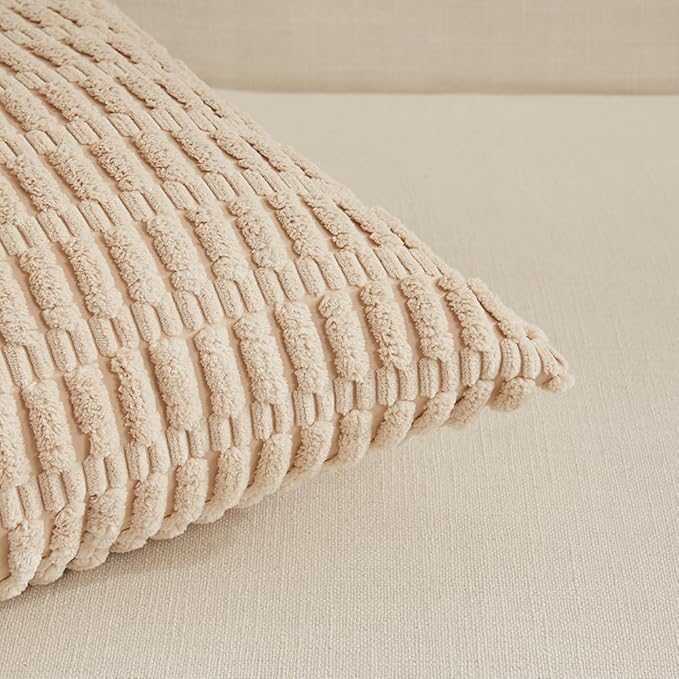 Fancy Homi 4 Packs Neutral Decorative Throw Pillow Covers 22x22 Inch for Living Room Couch Bed Sofa, Rustic Farmhouse Boho Home Decor, Soft Plush Striped Corduroy Square Cushion Case 55x55 cm