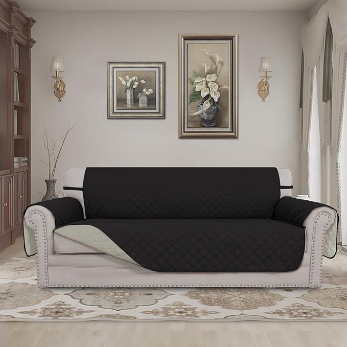 Easy-Going Reversible Couch Cover for 3 Cushion Couch Sofa Cover for Dogs Water Resistant Furniture Protector Cover with Foam Sticks Elastic Straps for Pet Cat (Sofa, Black/Beige)