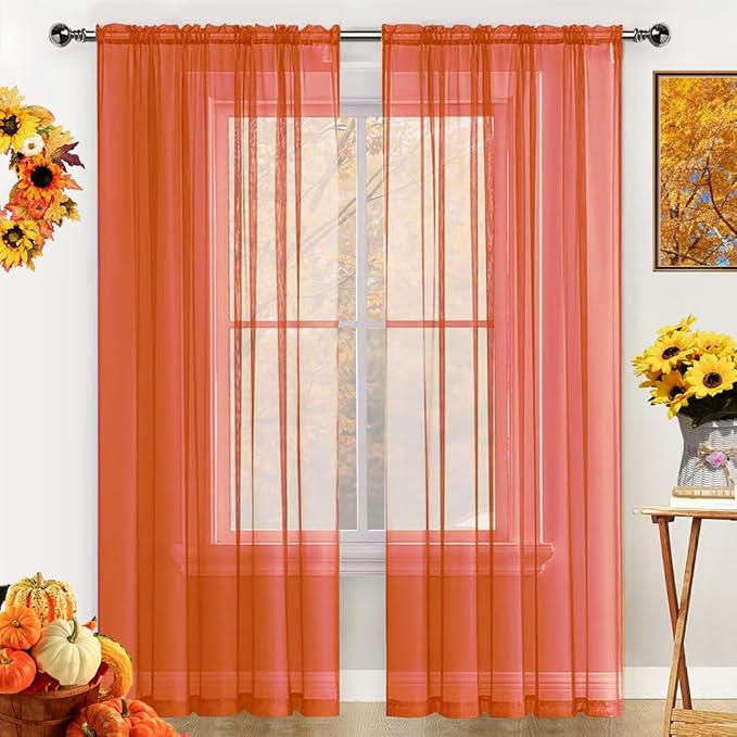 SpaceDresser Basic Rod Pocket Sheer Voile Window Curtain Panels Jaffa Orange 1 Pair 2 Panels 52 Width 72 Inch Long for Kitchen Bedroom Children Living Room Yard(Jaffa Orange,52 W x 72 L)