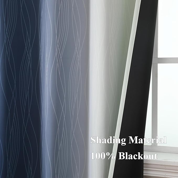 Estelar Textiler Navy Blue and Sage Green Blackout Curtains 54 Inches Long, Full Light Blocking Gradient Grommet Drapes for Kitchen, Thermal Insulated Ombre Curtains for Bedroom, 42Wx54L, 2 Panels