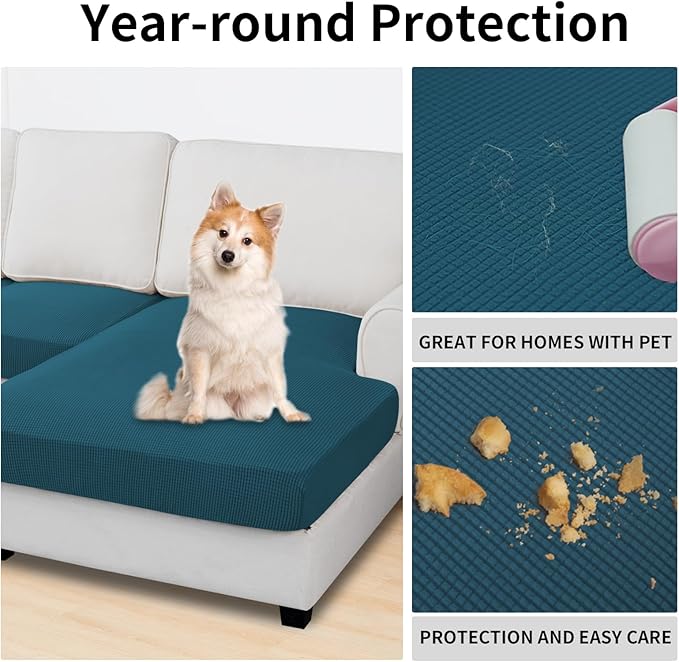 Easy-Going Stretch 4 Pieces Couch Cushion Covers for Sectional Sofa Left/Right L Shape Chaise Lounge Sofa Seat slipcover Anti-Slip Sofa Cover Soft (3 Seater + 1 Chaise, Peacock Blue)