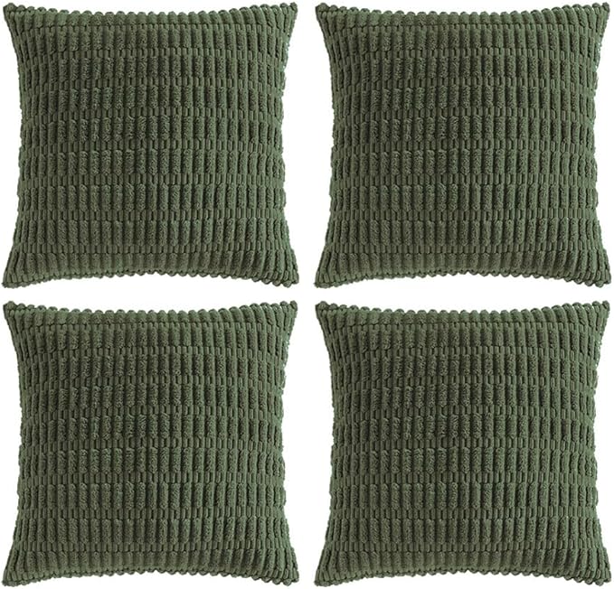 Fancy Homi 4 Packs Boho Olive Green Decorative Throw Pillow Covers 26x26 Inch for Couch Bed Sofa, Rustic Modern Farmhouse Home Decor, Soft Plush Corduroy Cute Square Cushion Case 66x66 cm